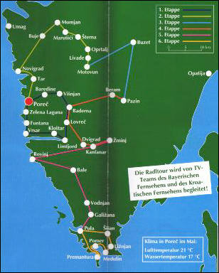 bersichtskarte der Etappen des istrischen Radfrhlings 1999, organisiert von Rivatours und dem bayrischen Rundfunk